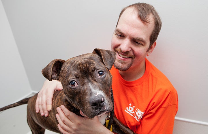 Volunteer Fabio Vitolla smiling and wearing an orange Best Friends T-shirt, sitting next to a large gray dog