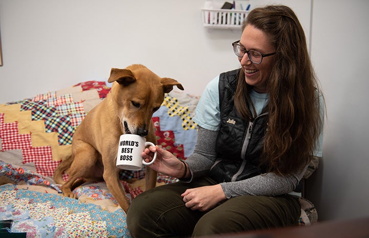 Smiling woman holding a World's Best Boss mug for Shocky the dog to drink from