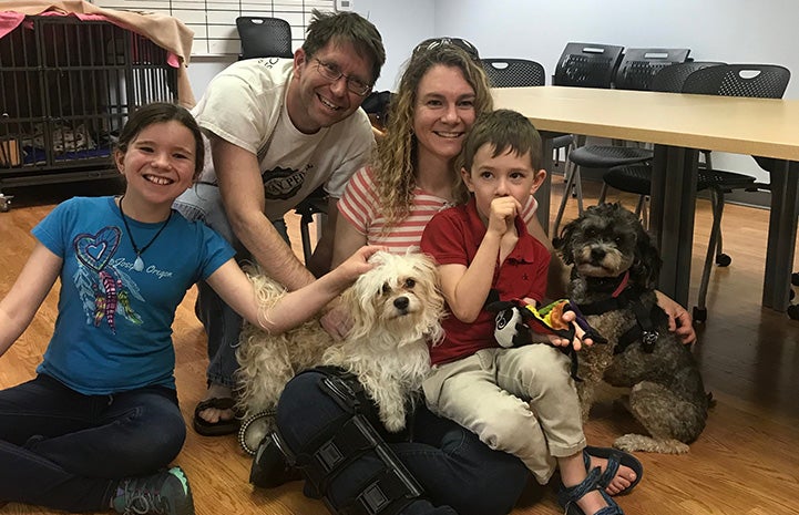 Max the dog being held by his new family