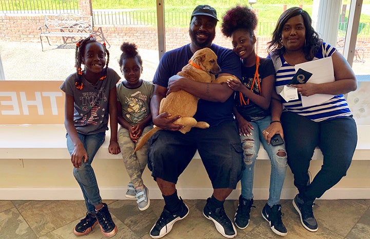 Smiling family of five adopting a puppy