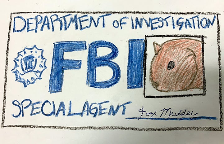 Drawing of a guinea pig on an FBI ID card with the name Fox Mulder