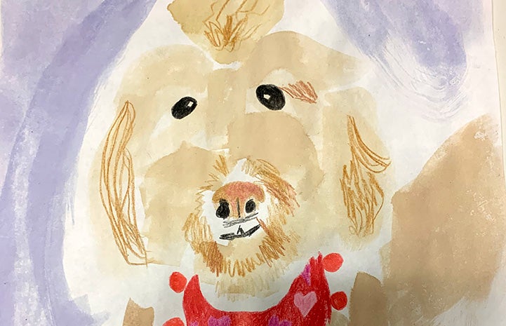 Painting of a Labradoodle type dog wearing a bandanna