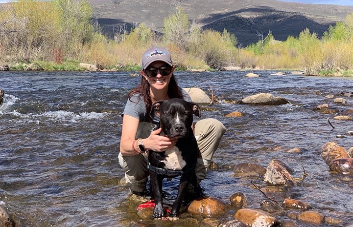 A woman hugging Patrick the pit bull mix dog while in a river