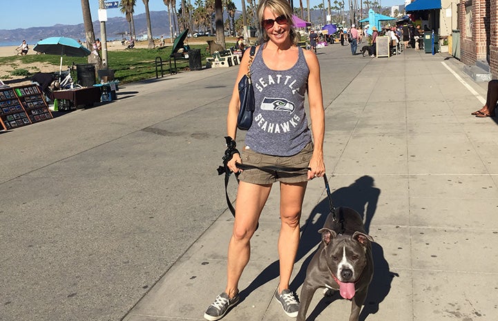 Gary the dog out on a walk with a woman