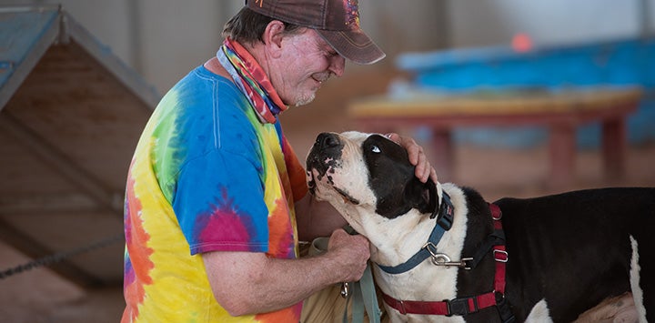Man in tie-dyed T-shirt training a black and white dog