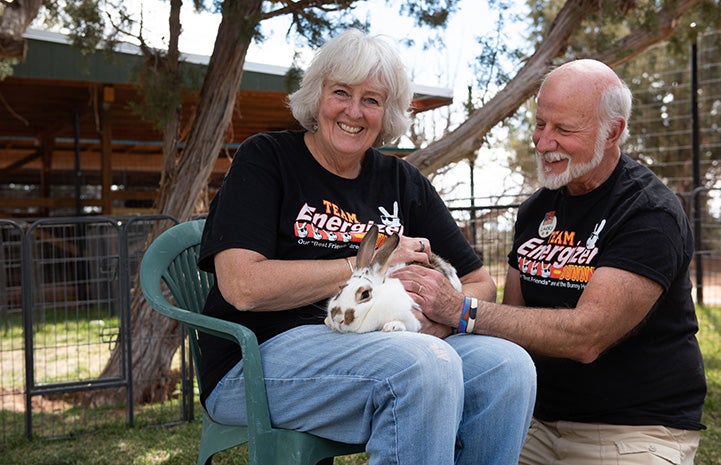 Barbara the Bunny House volunteer sitting in a chair holding Cinnabun the rabbit while her husband kneels next to them and pets the bunny