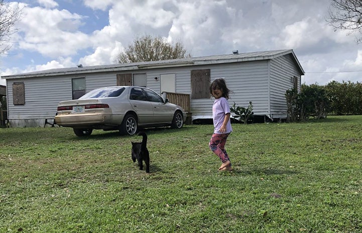 Young girl following a black cat outside in front of a car and home