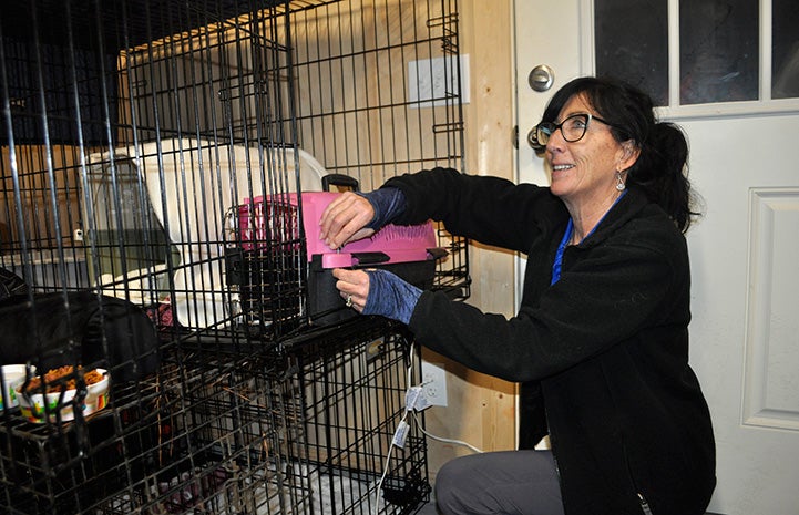 Sherry Mililli putting the screw in a plastic carrier within a wire kennel