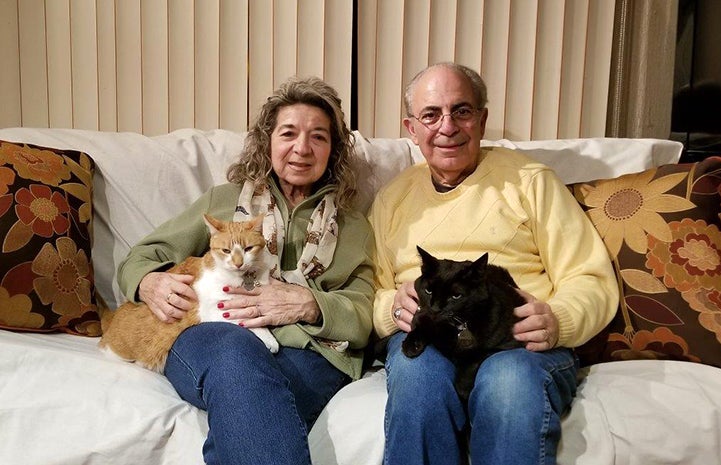 Lucy and Ray Tocci sitting on the couch with newly adopted Pyro and Raoul the cats on their laps
