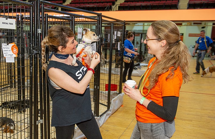 Smiling woman holding a Chihuahua-type dog in front of some kennels, with a volunteer next to her, at the New York Super Adoption