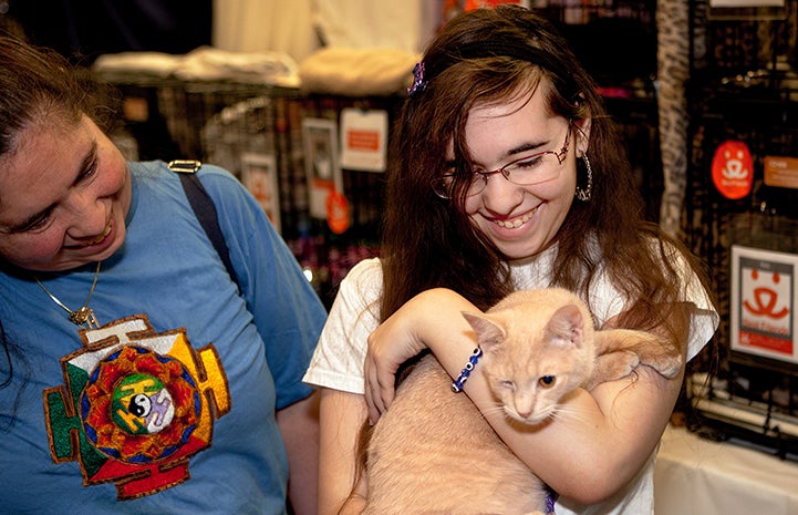 Smiling girl holding a buff-colored one-eyed cat at the New York Super Adoption