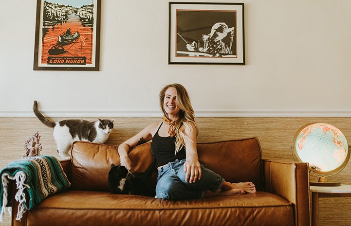 Rexie Roo the cat on a couch with the woman who adopted him