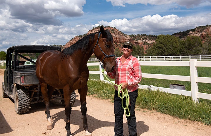 Morry the horse on a rope lead, next to a woman and in front of a grassy field with Angel Canyon rock formations behind them