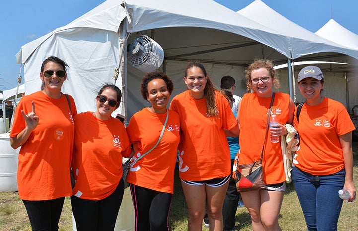 Group of six female volunteers wearing orange T-shirts and smiling at the camera with a white tent behind them