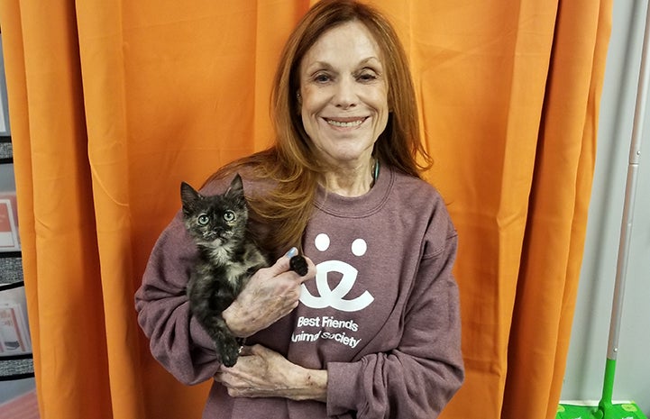 Volunteer Connie Murphy wearing a Best Friends sweatshirt and holding a tortoiseshell kitten