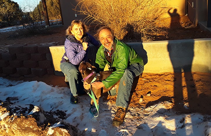 Volunteers Jean and Steve with Hercules the dog, during their sleepover