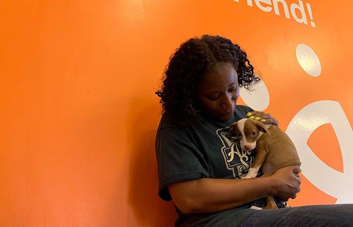Volunteer Faye Robinson cradling a small puppy against her chest with an orange Best Friends wall behind her