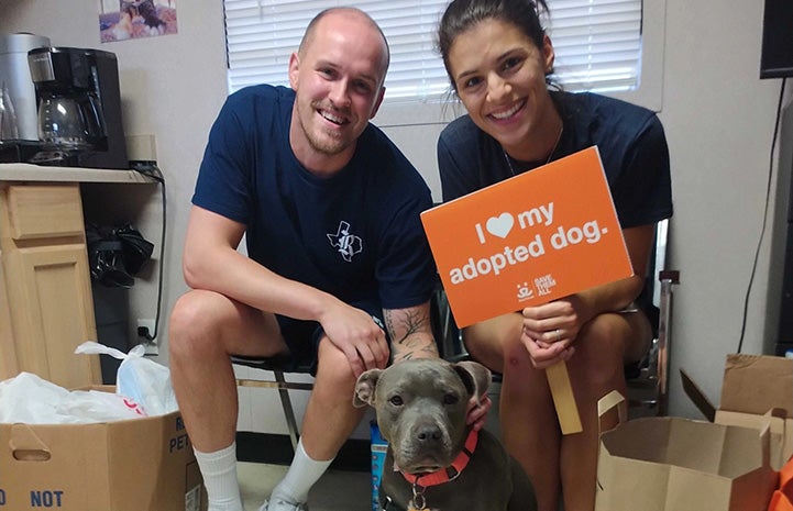 Dolly the dog with her new family holding an "I heart my adopted dog" sign
