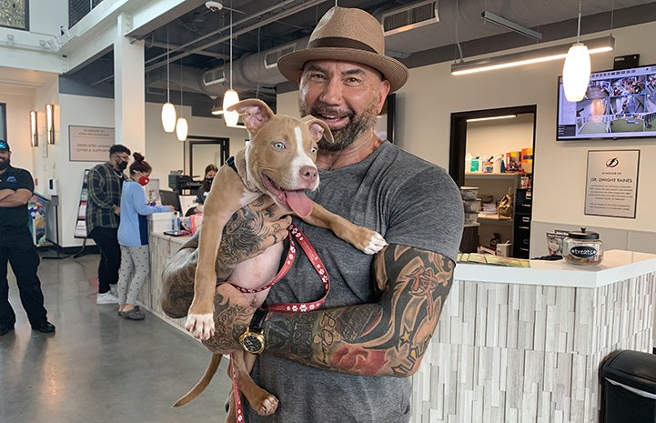 Dave Bautista holding the puppy he adopted