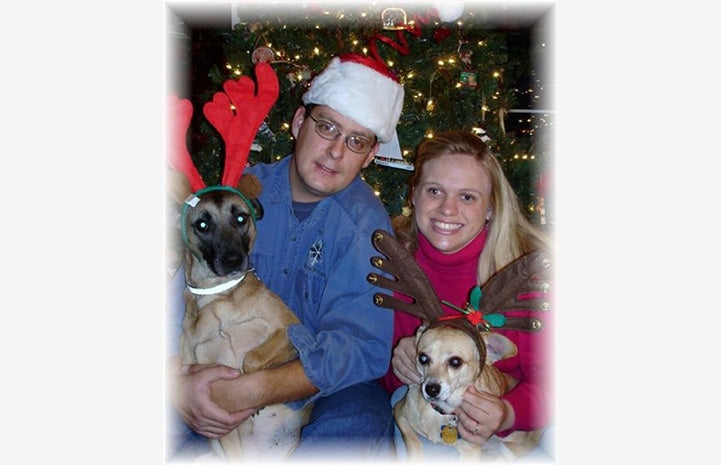 The Pitts family, including their two dogs, at the holidays