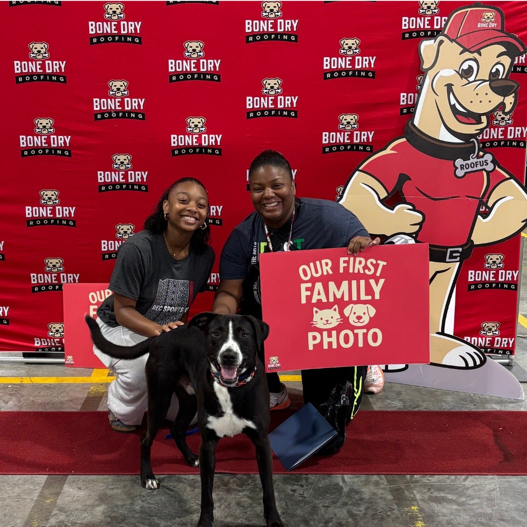 Happy family with their newly adopted pet posing for their first family photo.