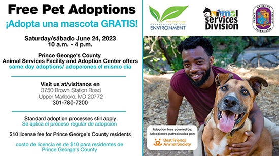 Graphic promoting the free adoption event in Prince George's County, Martland