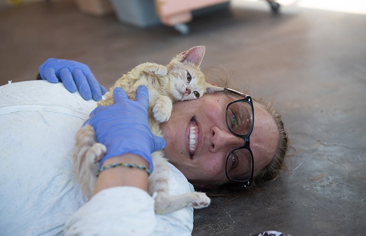 Amy lying on the floor with a kitten lying on her neck and face