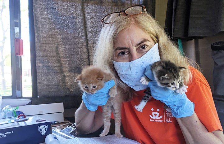 Penny Burleson holding two neonatal kittens