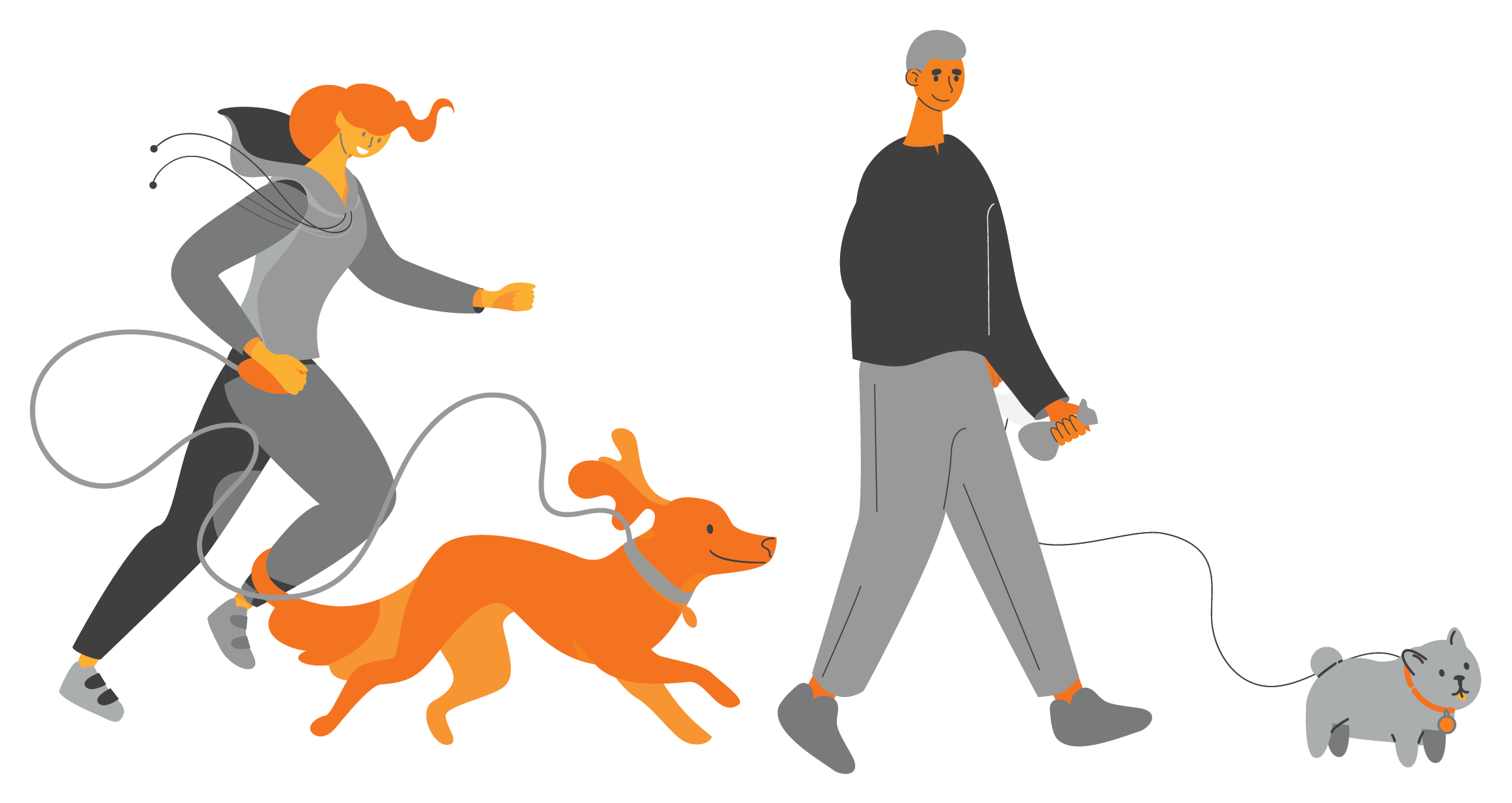Illustration of people walking with dog and cat