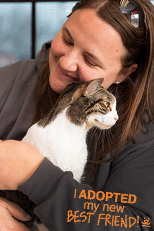 Photo of a person holding a cat with moving text overlay that says "I adopted my new best friend!"