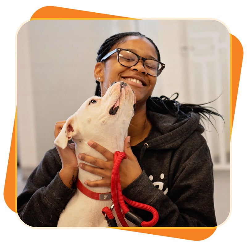 Woman smiling with dog licking face