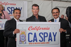 Pierce Brosnan and two other men showing design of California license plate that supports low-cost spaying and neutering