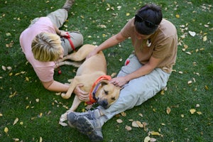 Two friends with Astrid the shy dog at Best Friends Animal Sanctuary in Southern Utah