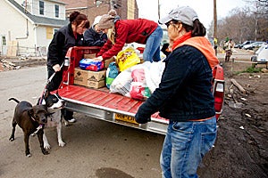 Volunteers passing out donated supplies for the animals affected by Superstorm Sandy