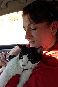 Vicki Dixon and Mia the cat on their way to Best Friends Animal Sanctuary