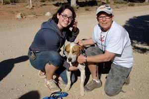 Judie Pursell with another woman and a dog at Best Friends Animal Sanctuary