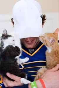 St. Louis Blues hockey player David Backes holding kittens