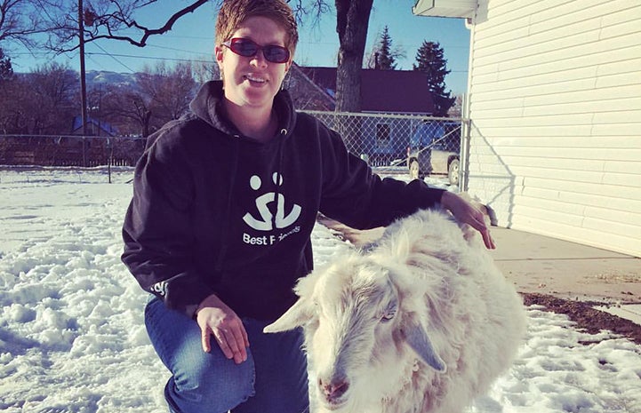 Dolly the pygmy Angora goat with Horse Haven caregiver Marti Stoffel