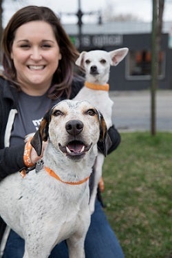 Woman holding a small dog with a brown and white dog sitting in front