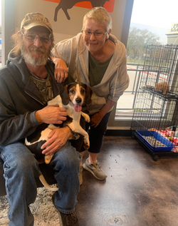 Man holding puppy with woman standing beside