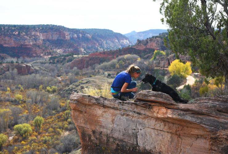 Person on a hike with a dog overlooking a Utah canyon