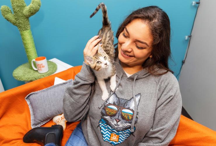 Smiling person wearing a Best Friends sweatshirt with a kitten on her shoulder