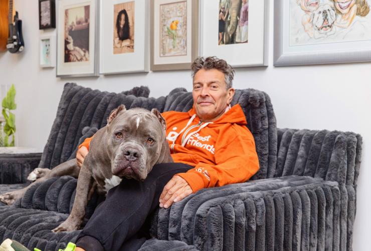 Person relaxing with a big dog on a couch