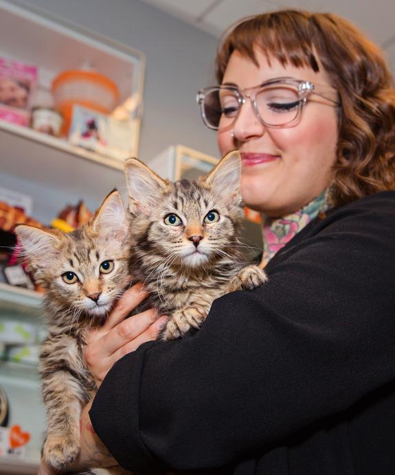 Smiling person holding two brown tabby kittens