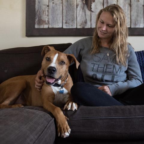 dog on couch with woman