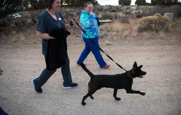Llorona the puppy out on a walk with two people at her party