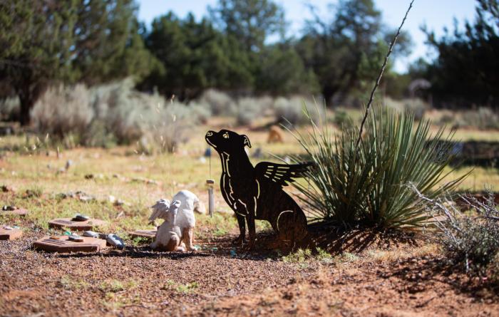 Memorial site with two statues of angel dogs with wings