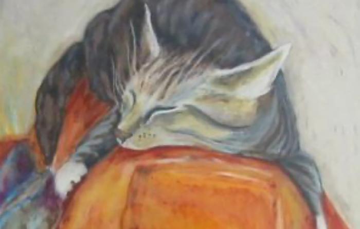 Painting of Binky the cat lying on an orange cushion