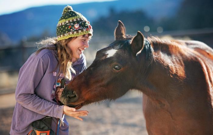 Smiling person petting a brown horse