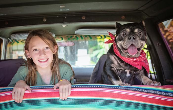 Child and dog wearing a bandanna looking over a blanket-covered seat in a vehicle
